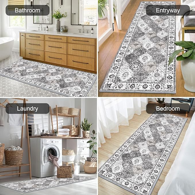 HEBE Hallway Runner Rug 2'x6' Washable Vintage Distressed Area Rugs Non Slip Laundry Rug Runner Boho Floor Carpet Runners for Hallways Entryway Laundry Room Kitchen Bathroom