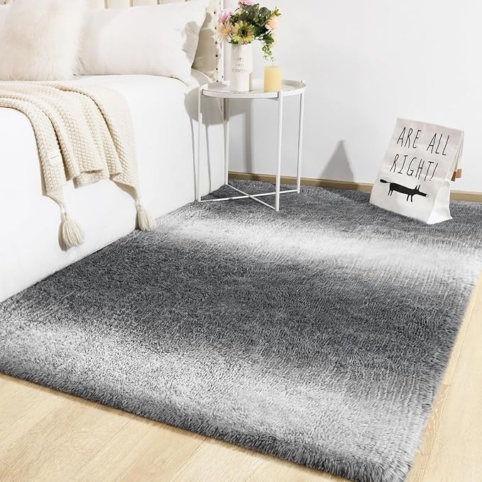 TWINNIS Super Soft Shaggy Rugs Fluffy Carpets, 4x5.9 Feet, Indoor Modern Plush Area Rugs for Living Room Bedroom Kids Room Nursery Home Decor, Upgrade Anti-Skid Rectangular Fuzzy Rug, Grey White