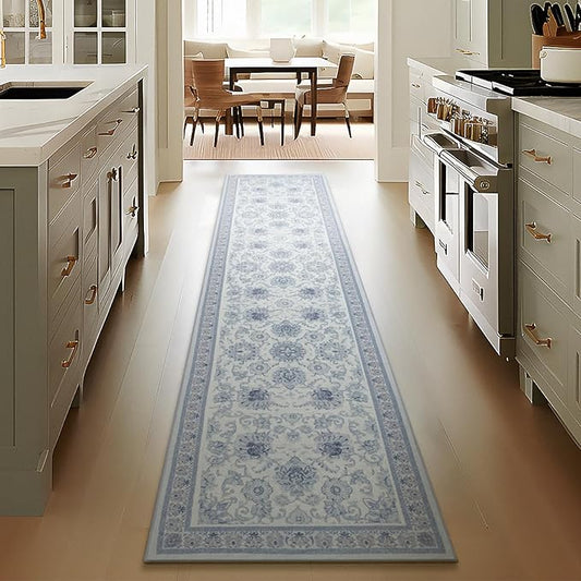 Phantoscope Hallway Runner Rug 2'x10' - Boho Washable Non-Slip Kitchen Rug Runner, Ultra-Thin Vintage Distressed Accent Throw Rug for Entryway Laundry Bathroom Bedroom, Blue/White