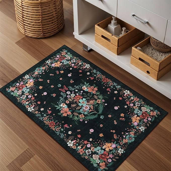 2x3 Floral Entryway Rugs Indoor Washable Rug, Black Kitchen Rugs Non Slip Bathroom Rugs Vintage Throw Rugs, Boho Front Door Rug Small Area Rugs for Bedroom Bedside Entry Entrance Sink