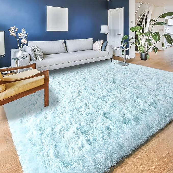 YJ.GWL Area Rugs for Living Room Bedroom, 8x10 Machine Washable Large Light Blue Carpet, Soft Fluffy Shaggy Thick Big Shag Indoor Floor Rug for Kids Boy and Girls Room Dorm Home Decor Aesthetic