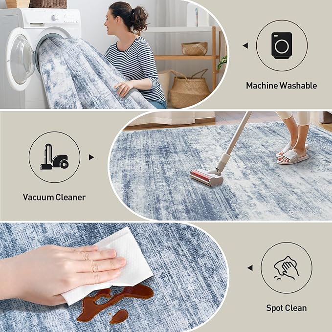 2'6''x8' Runner Rugs Washable Rug: Modern Abstract Living Room Rug Soft Anti-Skid Thin Carpet Indoor Floor Non-Shedding Carpets for Bedroom Dining Room Farmhouse Nursery Home Office - Blue White