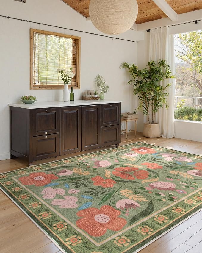 Beeiva Floral 6x9 Area Rugs for Living Room, Machine Washable Green Area Rugs with Low Plie, Soft Ultra Thin Rug Carpet for Bedroom Office Dorm Dining Room Nursery (Green,6'x9')