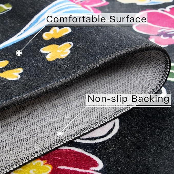 ST. BRIDGE Rugs for Entryway 2x3, Indoor Entrance Rugs Washable Black Boho Floral Throw Rug Non-Slip Low Pile Front Door Mat, Soft Small Area Rug Entry Rug for Bedroom Kitchen Bathroom