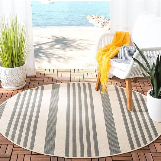 SAFAVIEH Courtyard Collection 4' Round Grey/Bone CY6062 Stripe Indoor/ Outdoor-Waterproof Easy-Cleaning Patio Backyard Mudroom Area-Rug