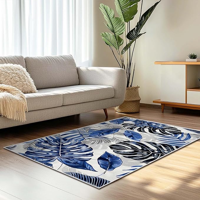 3x5 Entryway Rug Botanical Tropical Leaf Navy Blue Grey Area Rug Bedroom Bedside Thin Small Carpet Bathroom Non Slip Indoor Entrance Low Pile Door Mat Kitchen Stain Resistant Washable Machine