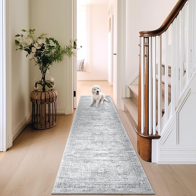 Runner Rug 2'x8' Washable Non-Slip Runner Rugs for Kitchen Bathroom Laundry Room Grey Vintage Floor Carpet Runners for Hallway Entryway