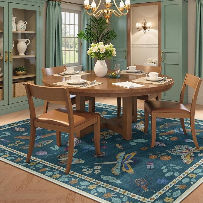 Beeiva Insect Print Area Rug 6x9, Washable Rugs for Living Room Non Slip, Soft Low Pile Ultra Thin Foldable Large Carpet for Office, Bedroom, Kids Room, Playroom - Dark Green