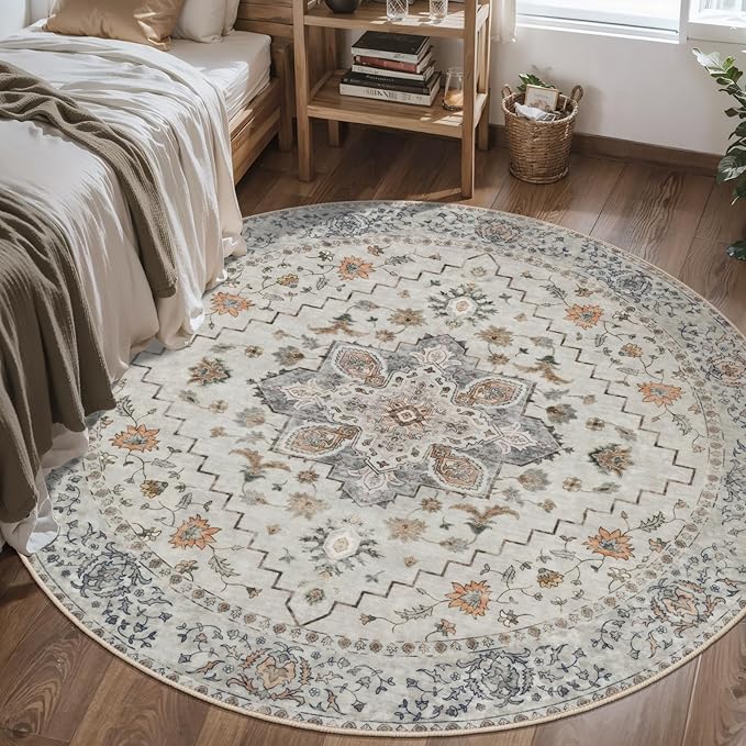 Vintage Round Rug 4ft Washable Circle Rug, Non Slip Small Boho Round Rug, Low Pile Circular Rugs, Round Carpet for Bedroom,Entryway,Nursery,Dorm,Kitchen,Taupe