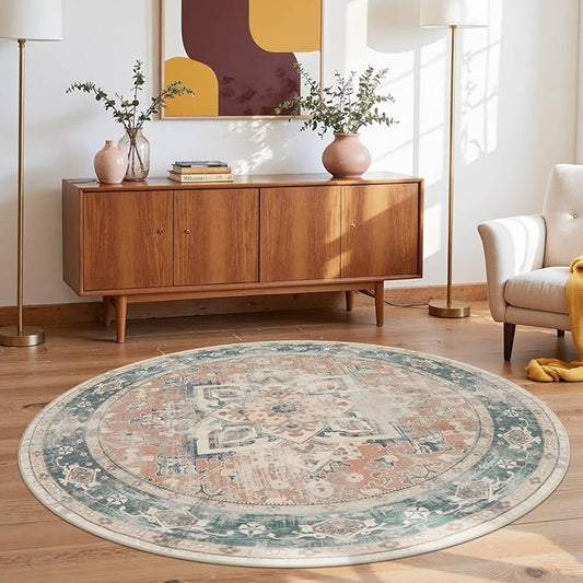 4ft Circle Rug, Soft Round Boho Rug, Washable Non Slip Area Rug for Living Room, Bedroom, Dining Room, Entryway, Round Rugs for Home, Patio, Office, Kids Room, Coral(Blue&Orange)