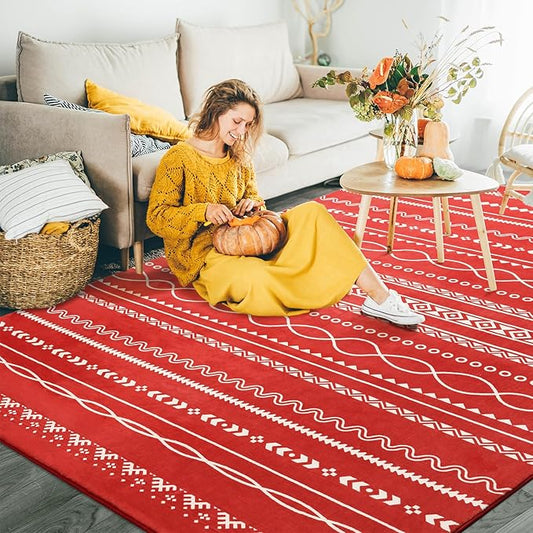 Softlife Christmas Red Area Rug for Living Room, 4x6 Moroccan Neutral Carpet Non-Slip Printed Distressed Rugs Soft Bedroom Rug Throw Geometric for Kitchen Hallway Dining Room