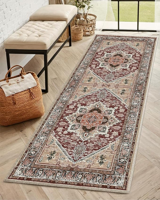 BESTSWEETIE 2x6 Area Rugs for Living Room Washable Non Slip Carpet Low Pile Soft Vintage Print Pattern Rug for Bedroom Dining Room Kitchen Entryway Indoor-Wine/Brown/Brick/Black/Light tan