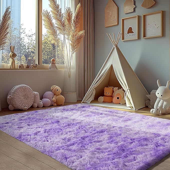 Zentavio Purple Rugs for Girls Room 5x8 Large Area Rugs for Living Room Carpet for Bedroom Washable Soft Fluffy Shag Aesthetic Plush High Pile Throw Rug for Nursery Kids Room Dorm Room Tie-Dyed