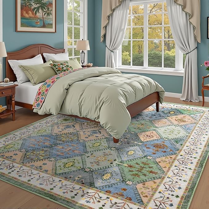 5x7 Washable Area Rug for Living Room, Green Boho Non-Slip Bedroom Rugs, Moroccan Floral Trellis Carpet Soft Low Pile Accent Indoor Mat for Kitchen Laundry Room