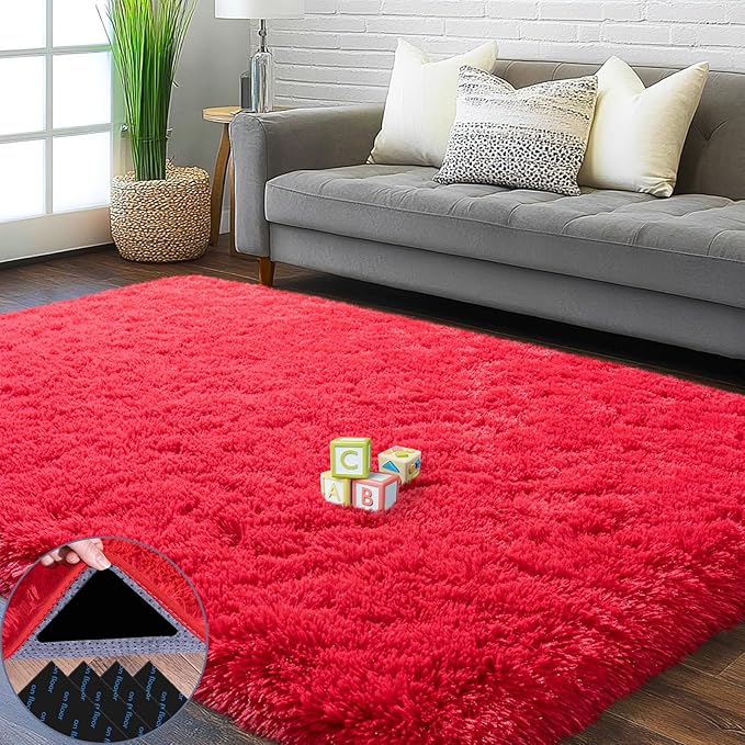 4x6 Area Rug for Bedroom, Red Rugs for Living Room Nursery Kids Room Dorm Home Decor Aesthetic, Fluffy Shaggy Rug with 4 Anti-Slip Carpet Tapes