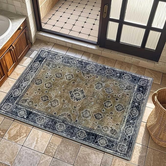 2x3 Oriental Entryway Rug,Washable Non-Slip Small Rugs for Entryway, Ultra-Thin Design for Front Door, Bathroom, Kitchen,Black & Yellow Door Mat