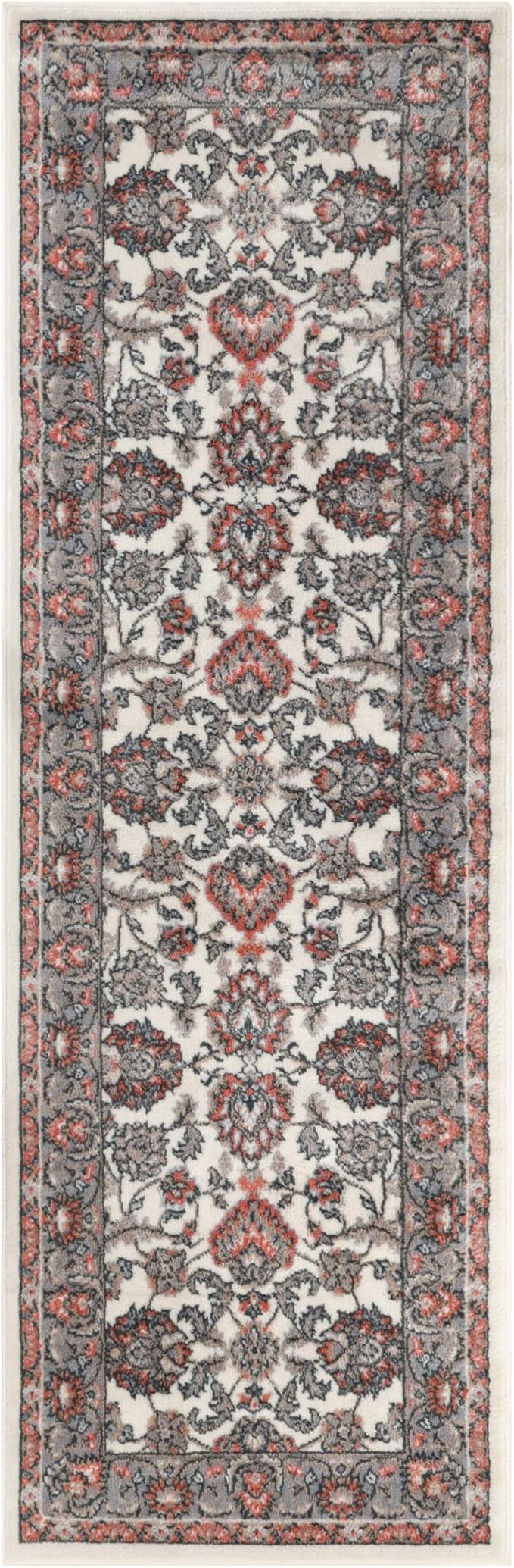 Superior Indoor Runner Rug, with Jute Backing, Chic Bordered Floor Decor for Living Room, Bedroom, Office, Entryway, Kitchen, Dining, Floral Design, Lille Collection, 2' 7" x 10', Brown-Salmon
