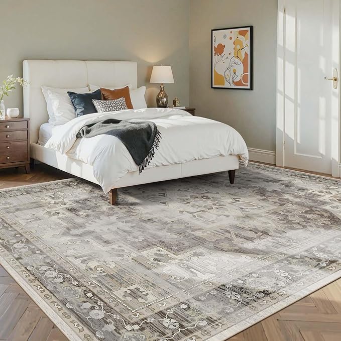5X7 Washable Area Rug for Living Room, Vintage Large Boho Rugs for Office, Dining Room, Kids Room, Farmhouse, Durable Low Pile Non Slip Carpet for High Traffic Areas, Brown