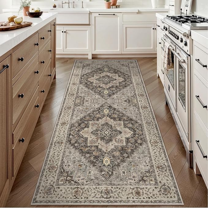 2x6 Washable Runner Rug for Hallways, Non Slip Vintage Runner, Soft Low Pile Long Rug Runner, Print Distressed Brown/Grey Carpet Runners for Kitchen Bedroom Entryway Bathroom Living Room