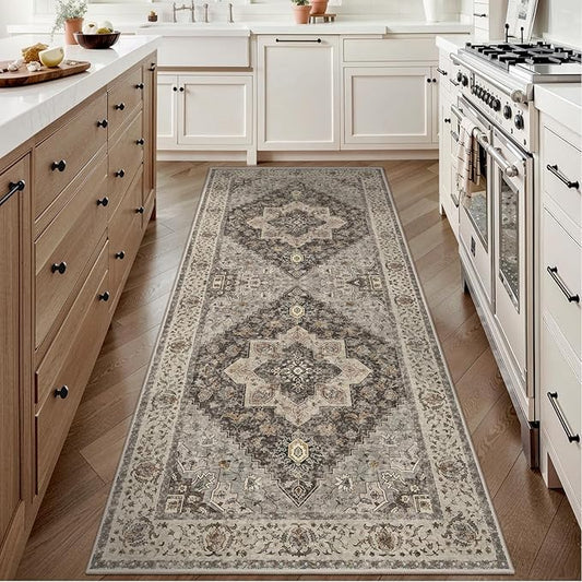 2x6 Washable Runner Rug for Hallways, Non Slip Vintage Runner, Soft Low Pile Long Rug Runner, Print Distressed Brown/Grey Carpet Runners for Kitchen Bedroom Entryway Bathroom Living Room