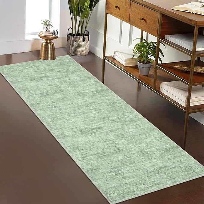 2x6 Runner Rug Washable Kitchen Runner Rug Modern Abstract Area Rug for Hallway Contemporary Solid Mat Non-Slip Foldable Aesthetic Accent Floor Carpet for Living Room Bedroom, Green