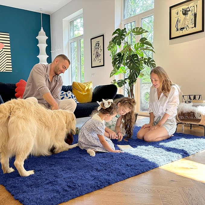OLANLY 5x7 Machine Washable Large Area Rugs for Living Room, Bedroom, Soft Fluffy Shaggy Bedside Rug, Indoor Floor Carpet for Kids Girls and Boys, Dorms, Nursery, Home Decor Aesthetic, Navy Blue