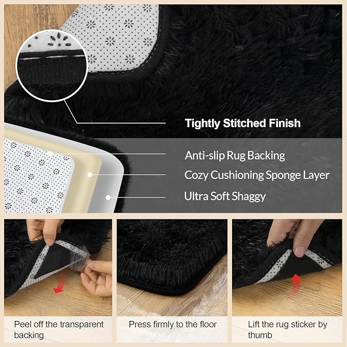 Black Rugs for Bedroom, 2x3 Feet Fluffy Area Rugs for Living Room, Soft Shag Kids Rug Small Carpet with 4 Non-Slip Rug Pads (2ft x 3ft, Black)