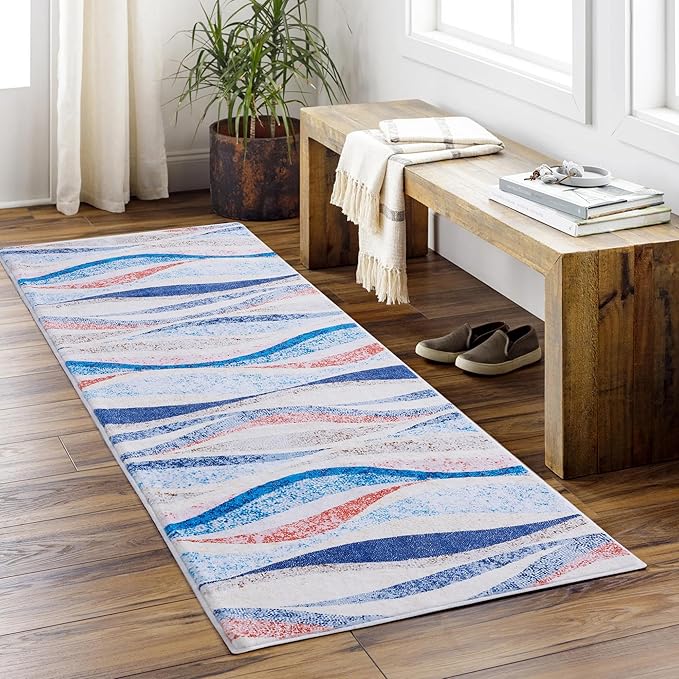 Carvapet Runner Rugs for Hallway Laundry Bedroom, Modern Low Pile Long Carpet with Rubber Backing, Foldable, Non Slip Machine Washable (6 x 2 Feet Rectangular, Orange/Blue Runner Rug)