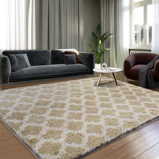 Luxury Area Rug 6x9 Feet Shag Rugs for Living Room, High Pile Fluffy Carpet for Bedroom, Kids Room, Nursery, Home Decor, Geometric, Beige/White