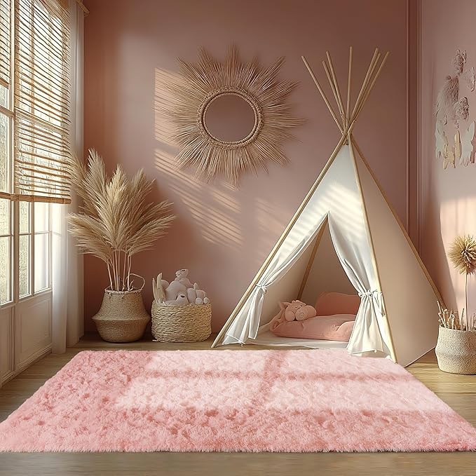 Zentavio Pink Rugs for Girls Room 5x8 Area Rugs for Living Room Cute Carpet for Bedroom Washable Soft Fluffy Shag Aesthetic Plush High Pile Throw Rug for Nursery Kids Room Dorm Room