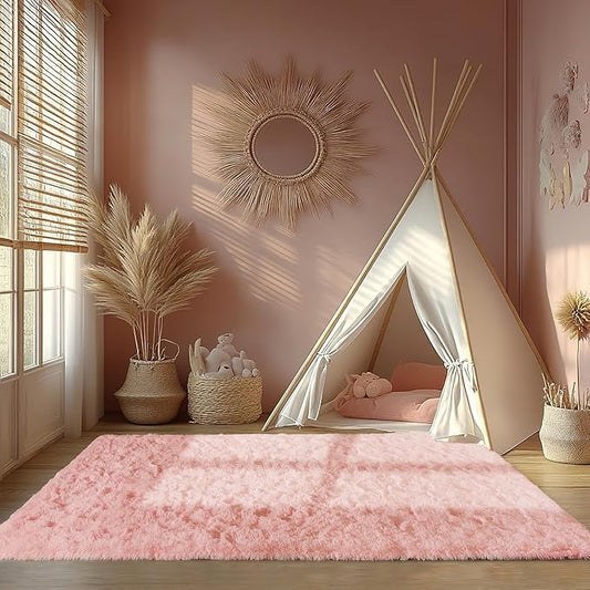 Zentavio Pink Rugs for Girls Room 5x8 Area Rugs for Living Room Cute Carpet for Bedroom Washable Soft Fluffy Shag Aesthetic Plush High Pile Throw Rug for Nursery Kids Room Dorm Room