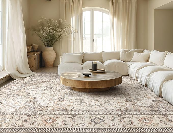 Washable Area Rugs for Living Room - 10x14 Neutral Vintage Distressed Floral Farmhouse Boho Large Soft Floor Rug Indoor Non Slip Carpet for Bedroom Dining Room Office - Brown/Multi
