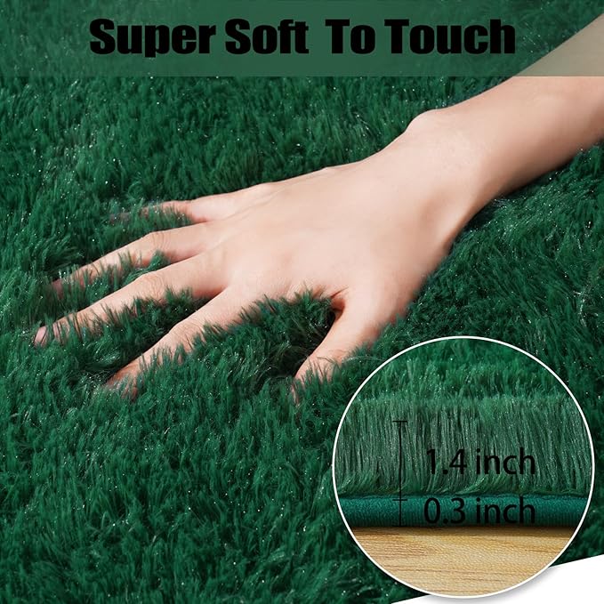 2x3 Rug for Bedroom, Fluffy Area Rugs for Living Room, Small Soft Shag Fuzzy Shaggy Carpets for Kids Boys and Girls Dorm with 4 Non-Slip Rug Tapes for Room Home Decor (2ft x 3ft, Dark Green)