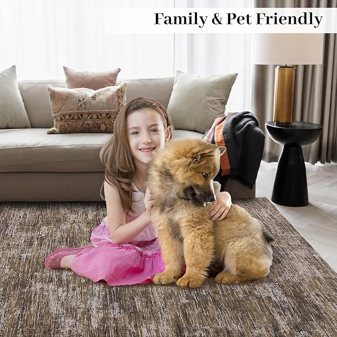 4x6 Area Rug, Machine Washable for Living Room, Solid Bedroom Rug, Non-Slip Low Pile Large Dining Room Carpet, Contemporary for Entryway Home Decor, Brown