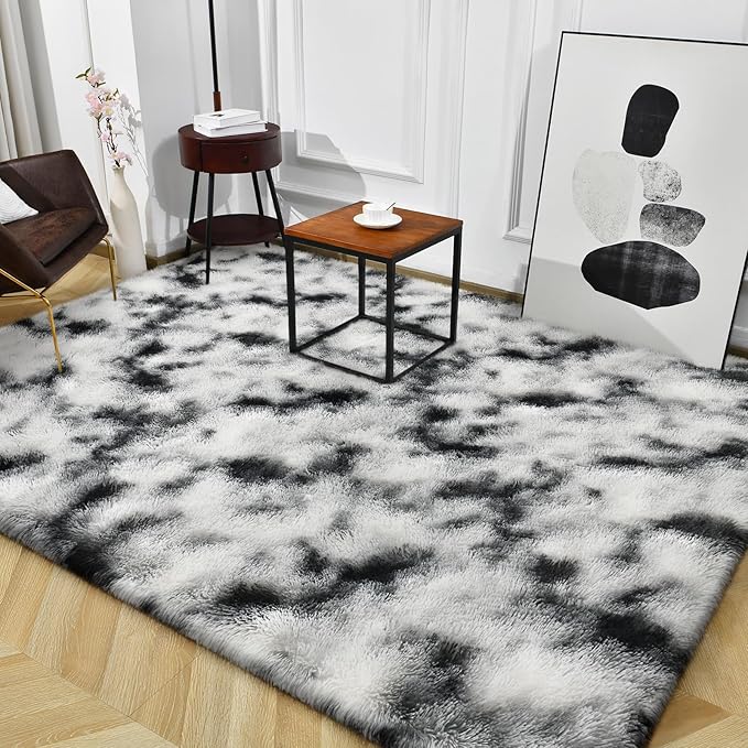 TWINNIS Super Soft Shaggy Rugs Fluffy Carpets, 6x9 Feet, Indoor Modern Plush Area Rugs for Living Room Bedroom Kids Room Nursery Home Decor, Upgrade Anti-Skid Rectangular Fuzzy Rug, Black and White