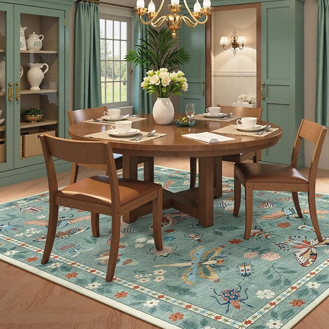 Beeiva Insect Print Rug 6x9, Throw Rugs for Living Room, Boho Washable Non Slip Soft Low Pile Ultra Thin Foldable Carpet for Office, Bedroom, Playroom, Dining Room - Light Green