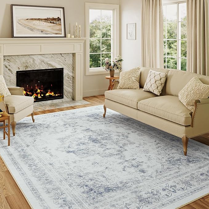 Washable Rug 6x9 Area Rug for Living Room Blue Vintage Boho Medallion Large Distressed Retro Carpet Non Slip Indoor Low Pile Small Soft Bedroom Dining Room Home Office