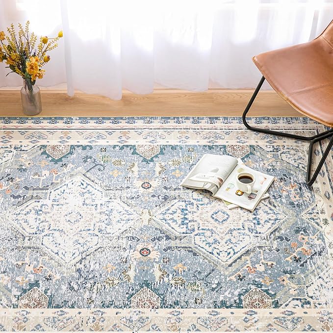 Phantoscope Vintage Collection Area Rug 5'x7' for Living Room - Washable Rug Large Boho Carpet Non-Slip for Bedroom Dining Room, Indoor Low-Pile Neutral Distressed Accent Rug, Dusty Blue/Multi