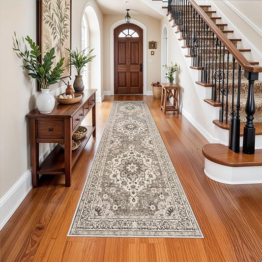 Washable Oriental Hallway Runner Rug - 3x12 Rugs for Living Room Soft Carpet for Bedroom Kitchen Waterproof Floral Distressed Indoor Stain Resistant Non-Shedding Floor Carpets (Beige, 3X12)