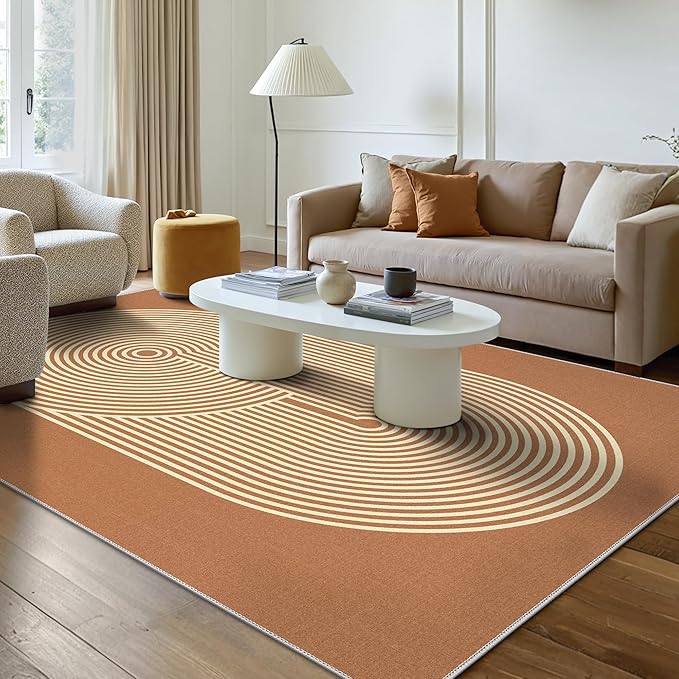 Bavni Area Rugs 8x10, Modern Soft Bedroom Rug, Machine Washable Rug Non Slip, Abstract Low Pile Large Rugs for Living Room, Dining Room, Orange Beige Lines