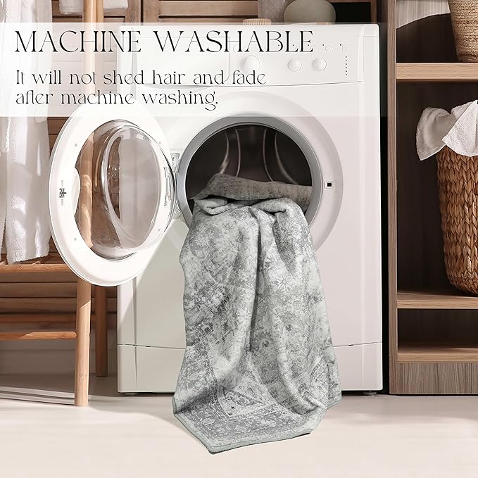 MUJOO Grey Rug Washable Small Entryway Rug Boho Bathroom Rugs for Bedroom Non Slip Throw Carpet Gray Entry Area Rug for Front Door Laundry Room Soft Floral Indoor Home Decor 2'x3'