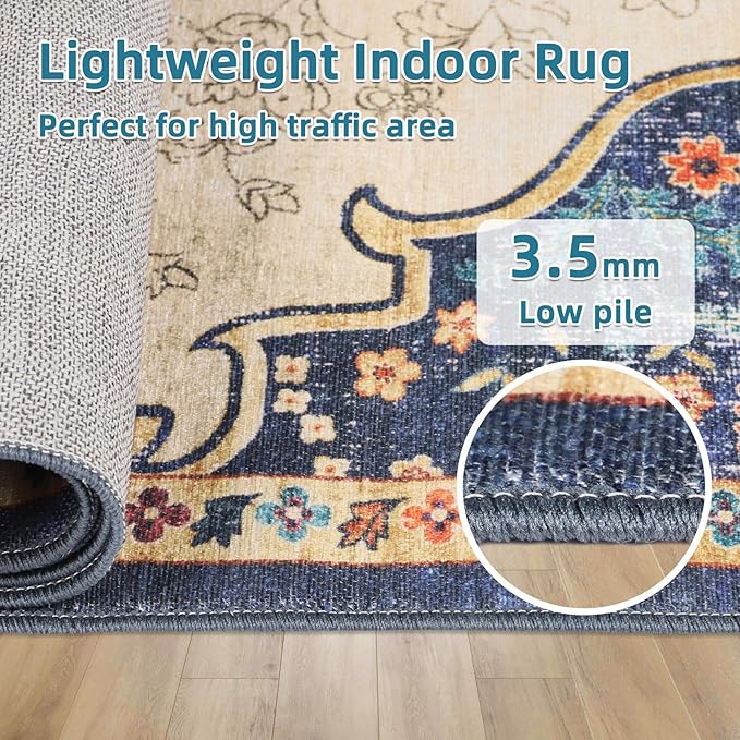 Dripex 3x5 Area Rugs, Machine Washable Non Slip Boho Rugs,Distressed Entryway Rug Doormat,No Pile Lightweight Vintage Rug, Smal Carpet Rug for Front Entrance,Office Bedroom,Multi