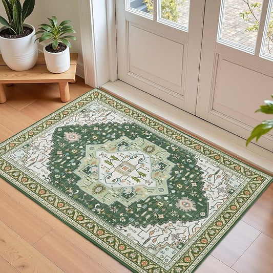 2x3 Green White Small Area Rug for Entryway, Soft Washable Rugs with Non-Slip Backing for Bedroom Kitchen, Vintage Throw Carpet Laundry Entry Front Door Decor