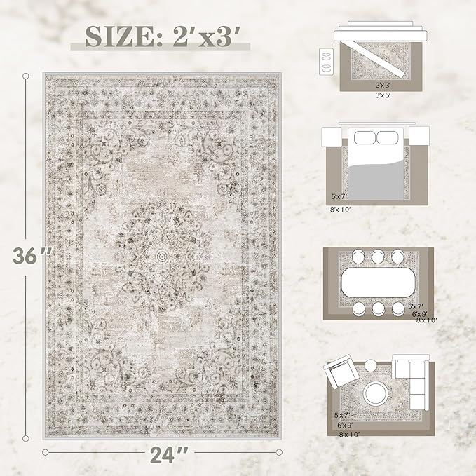 2x3 Area Rugs for Entryway: Washable Vintage Rug Indoor Soft Non-Slip Distressed Doormat for Bedroom Bathroom Kitchen Home Office (Taupe, 2'x3')