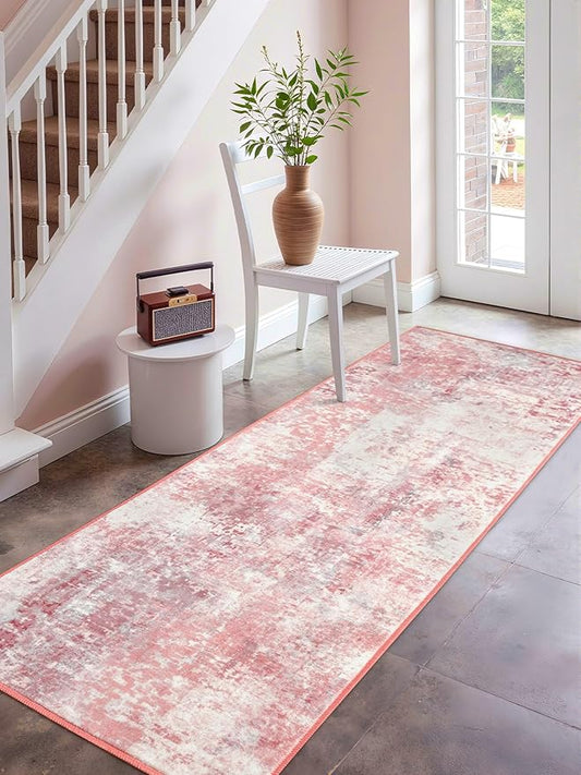 Washable Abstract Runner Rug, 2x6 Modern Area Rugs with Non-Slip Rubber Backed for Kitchen, Thin but Soft Contemporary Carpet Bedroom Entryway Hallway Decor, Pink