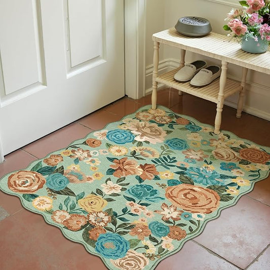 Washable Floral Area Rug 2x3 Green Small Entryway Carpet Scalloped Flower Non Slip Soft Entrance Door Mat Farmhouse Low Pile Indoor Thin Floor Cover for Bathroom Kitchen Bedroom Laundry Room