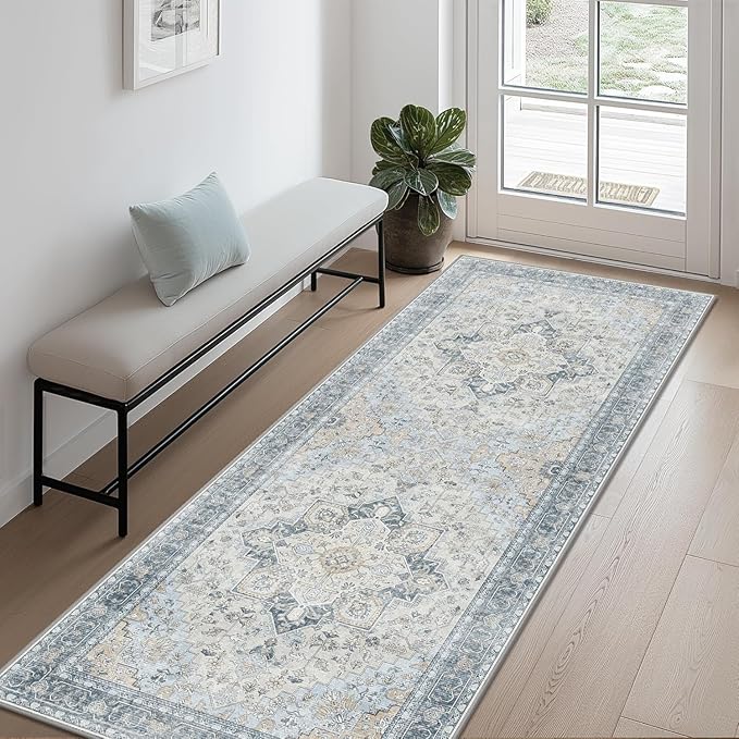 Area Rug 6x9 Machine Washable Vintage Distressed Print Blue Floral Medallion Accent Bedroom Living Room Hallway Entryway Throw Rug, Ultra-Thin Lightweight Non Slip with Gripper