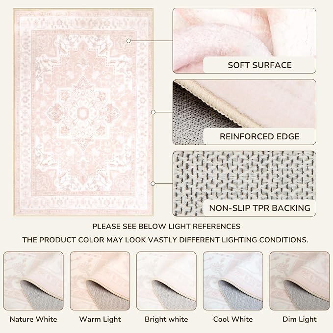 BESTSWEETIE 9x12 Area Rugs for Living Room, Washable Ultra Soft Boho Vintage Print Pattern Rug Non Slip Low Pile Carpet for Dining Room Bedroom Entryway Indoor-Light Pink