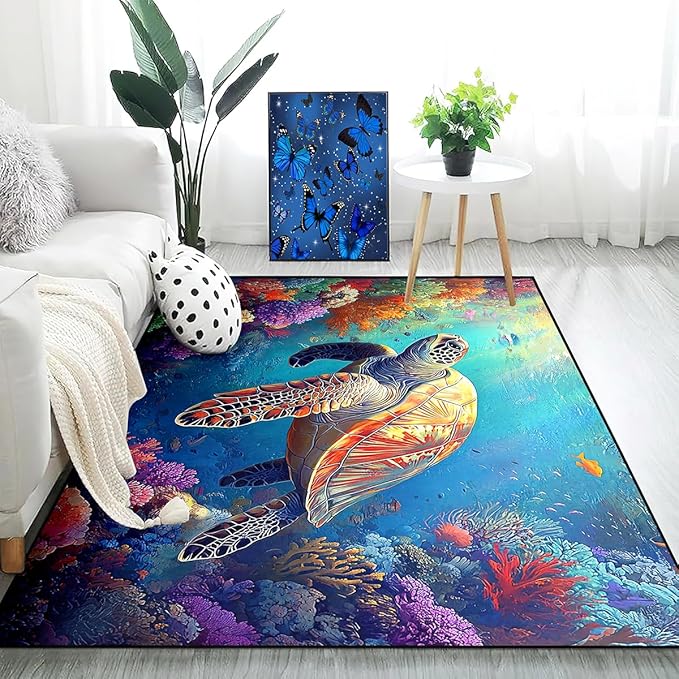 Sea Turtle Carpet Rug - Kids Coastal Rugs for Bedroom Ocean Life Theme, 63" L x 47" W