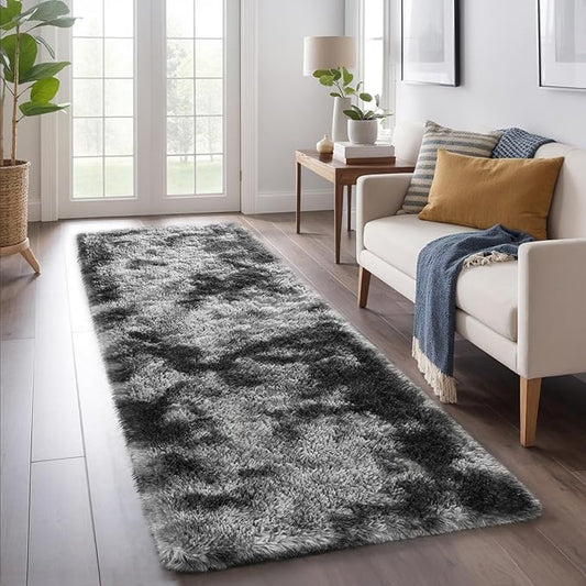 Zentavio Runner Rugs for Hallway 2x6 Shag Soft Bedroom Bedside Rugs Non Slip Fluffy Carpet for Kids Girls Boys Home Decor Aesthetic Dorm Nursery Tie-Dyed Black Grey